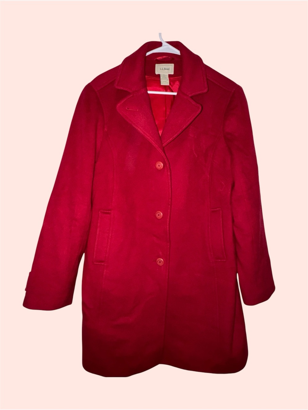 L.L.Bean Women’s Size 12 Red Wool Button Front Lined Mid-Length Overcoat Pockets